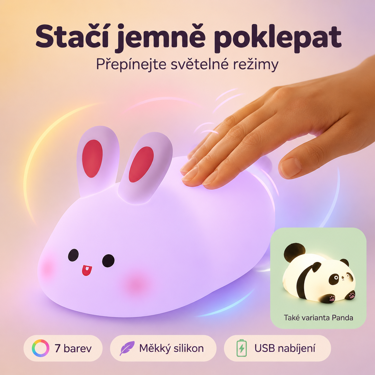PKNEW® 7-bojna silikonska noćna lampica na dodir za spavanje 🌙 – Mekana na dodir, punjiva preko USB-a, u ponudi u varijanti zeko i panda 💕