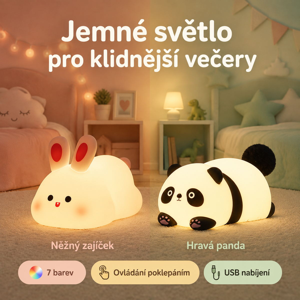 PKNEW® 7-bojna silikonska noćna lampica na dodir za spavanje 🌙 – Mekana na dodir, punjiva preko USB-a, u ponudi u varijanti zeko i panda 💕