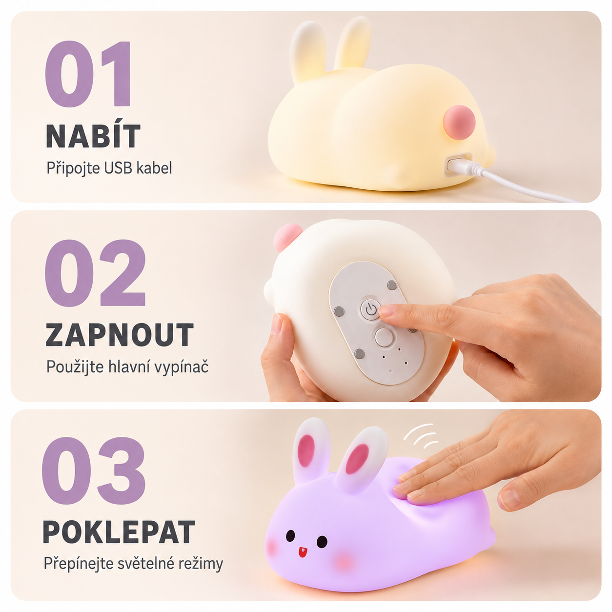 PKNEW® 7-bojna silikonska noćna lampica na dodir za spavanje 🌙 – Mekana na dodir, punjiva preko USB-a, u ponudi u varijanti zeko i panda 💕