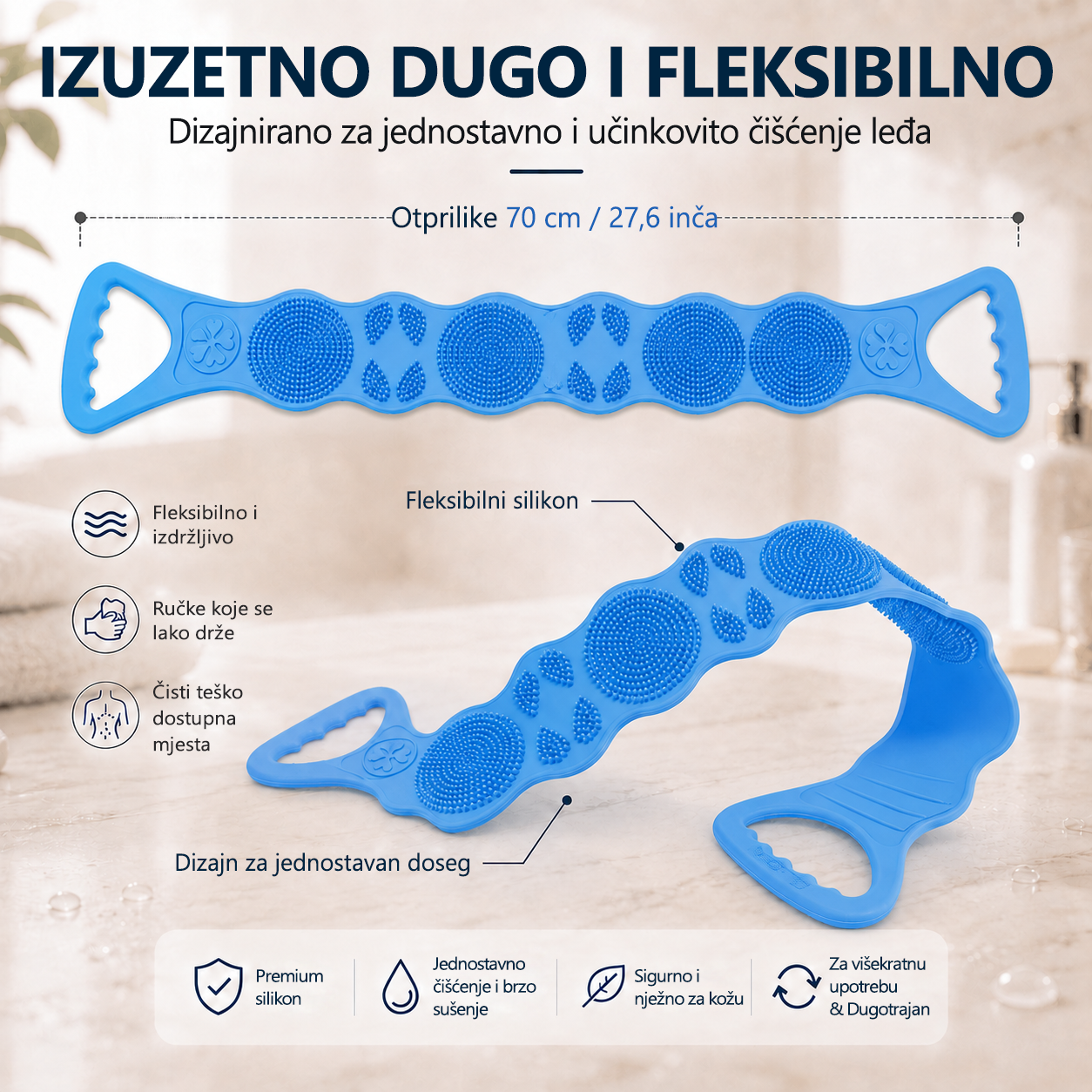 🌈🌈Vitalisys®🙌 Duga silikonska četka za leđa – lako dopire do cijelih leđa | Dvostrana piling četka za tuširanje s dvije ručke – za čistoću i veću udobnost tijekom kupanja🚿