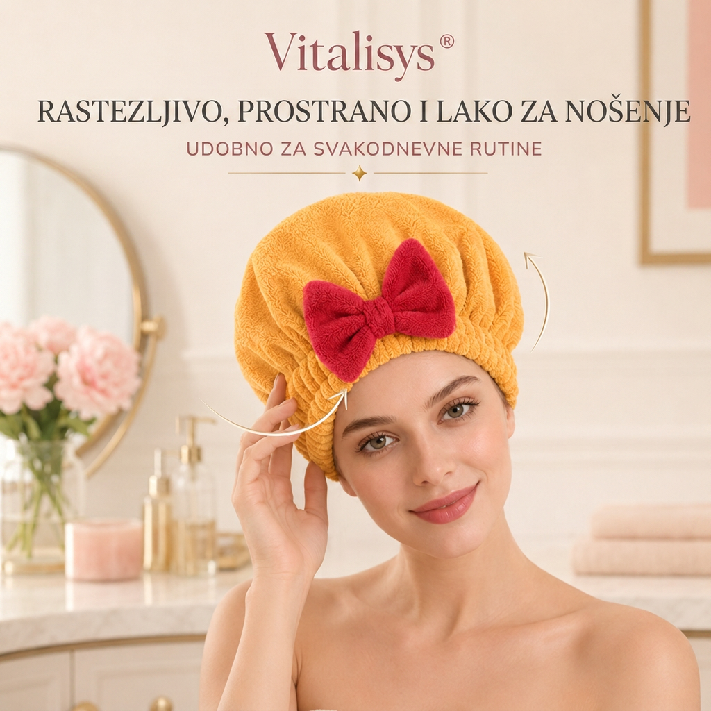 Vitalisys® Brzosušeća kapa od mikrovlakana za kosu s mašnom – Upijajući ručnik za mokru kosu za svakodnevnu rutinu i putovanja 🎀
