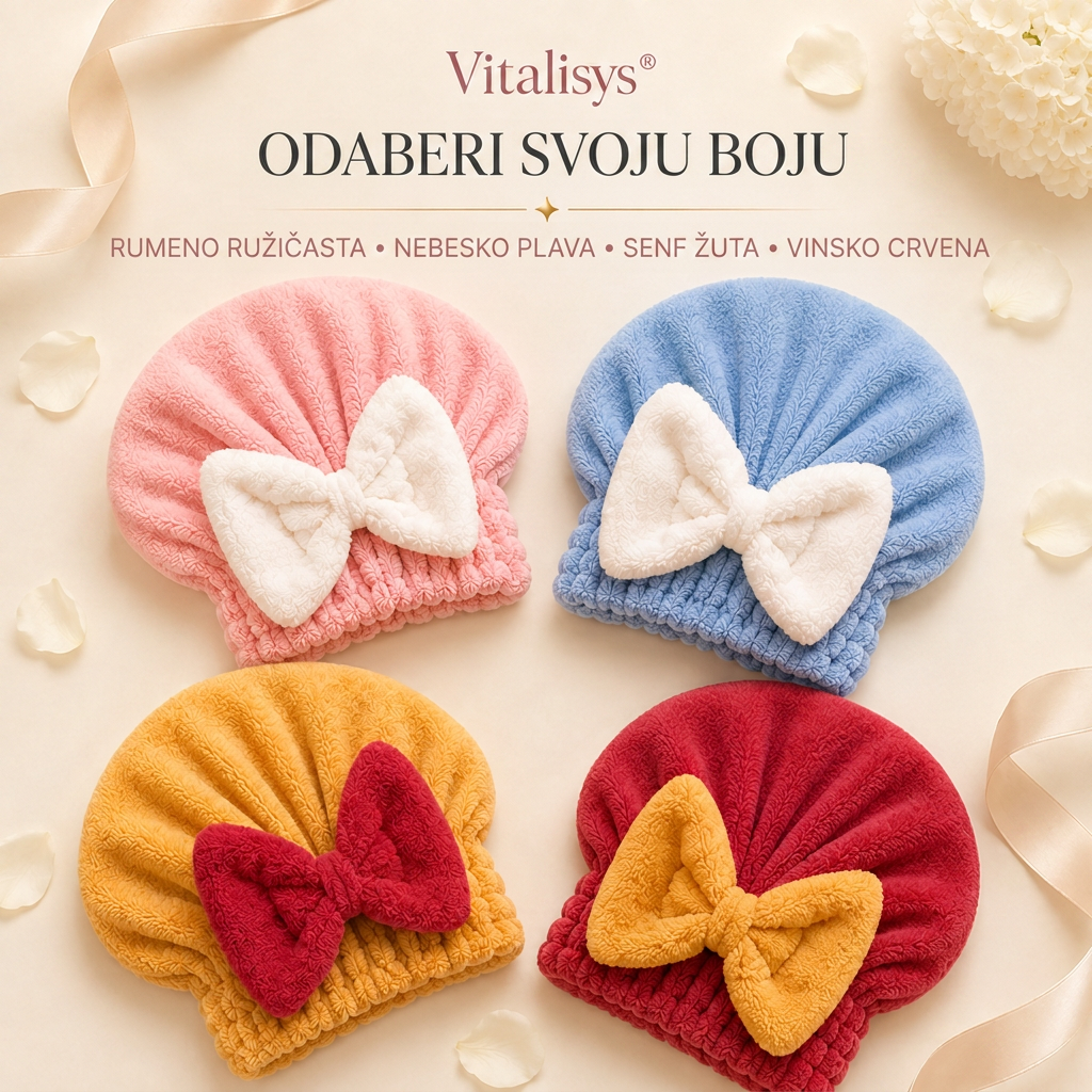 Vitalisys® Brzosušeća kapa od mikrovlakana za kosu s mašnom – Upijajući ručnik za mokru kosu za svakodnevnu rutinu i putovanja 🎀