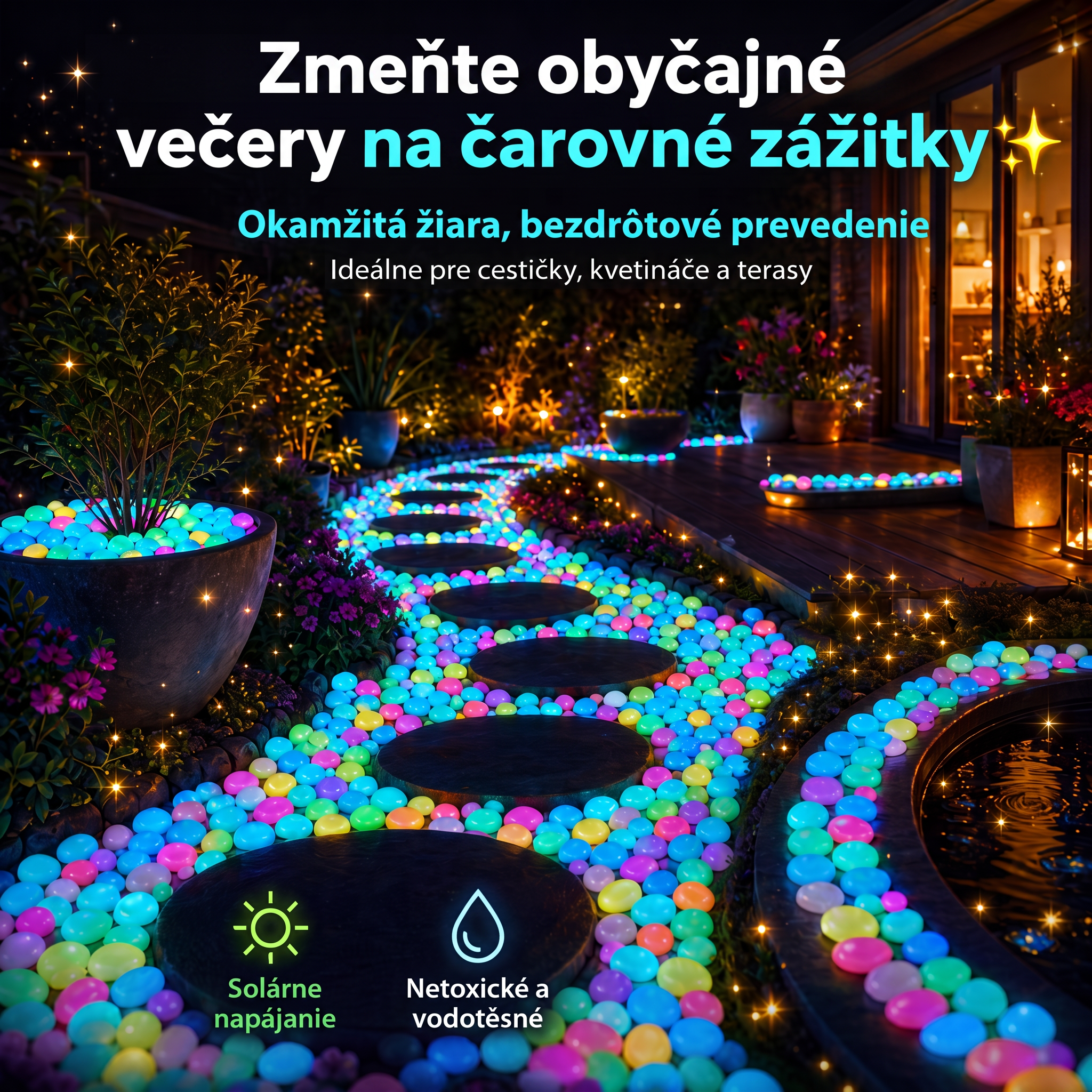 PKNEW® Svetielkujúce záhradné kamienky nabité svetlom 👑 – farebná nočná žiara bez káblov a batérií, vodeodolná dekorácia na chodníky, kvetináče, záhony, terasu aj okolie bazéna 💎