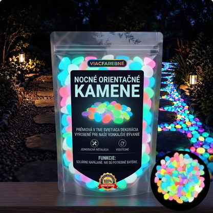 PKNEW® Svetielkujúce záhradné kamienky nabité svetlom 👑 – farebná nočná žiara bez káblov a batérií, vodeodolná dekorácia na chodníky, kvetináče, záhony, terasu aj okolie bazéna 💎