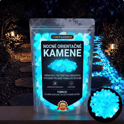 PKNEW® Svetielkujúce záhradné kamienky nabité svetlom 👑 – farebná nočná žiara bez káblov a batérií, vodeodolná dekorácia na chodníky, kvetináče, záhony, terasu aj okolie bazéna 💎