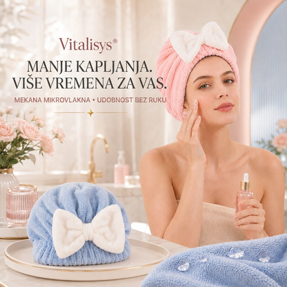 Vitalisys® Brzosušeća kapa od mikrovlakana za kosu s mašnom – Upijajući ručnik za mokru kosu za svakodnevnu rutinu i putovanja 🎀