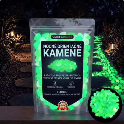 PKNEW® Svetielkujúce záhradné kamienky nabité svetlom 👑 – farebná nočná žiara bez káblov a batérií, vodeodolná dekorácia na chodníky, kvetináče, záhony, terasu aj okolie bazéna 💎
