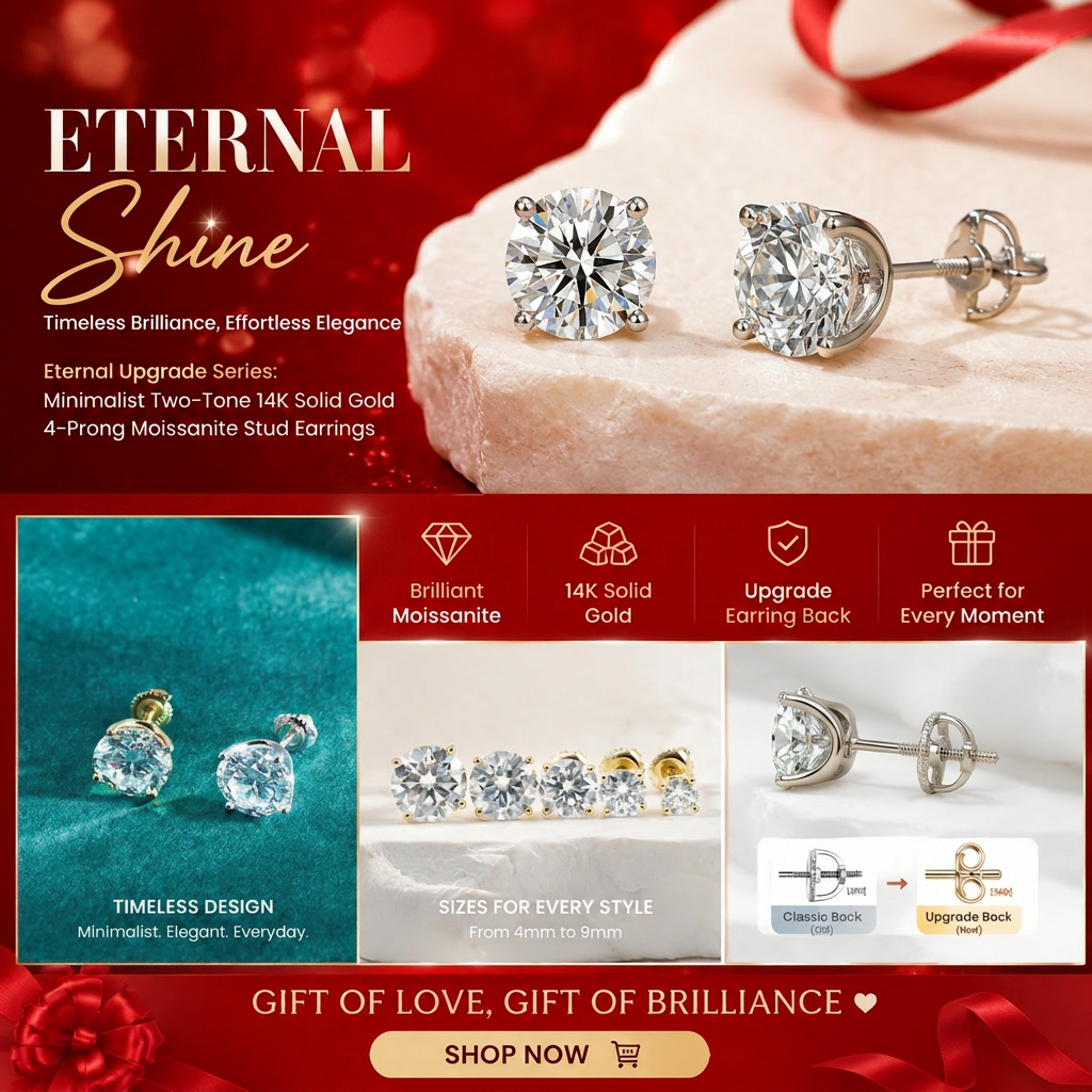 14K gold-plated solitaire four-prong stud earrings featuring lab-grown moissanite and S925 sterling silver  Final Day Special: Save a Massive 90% 🔥