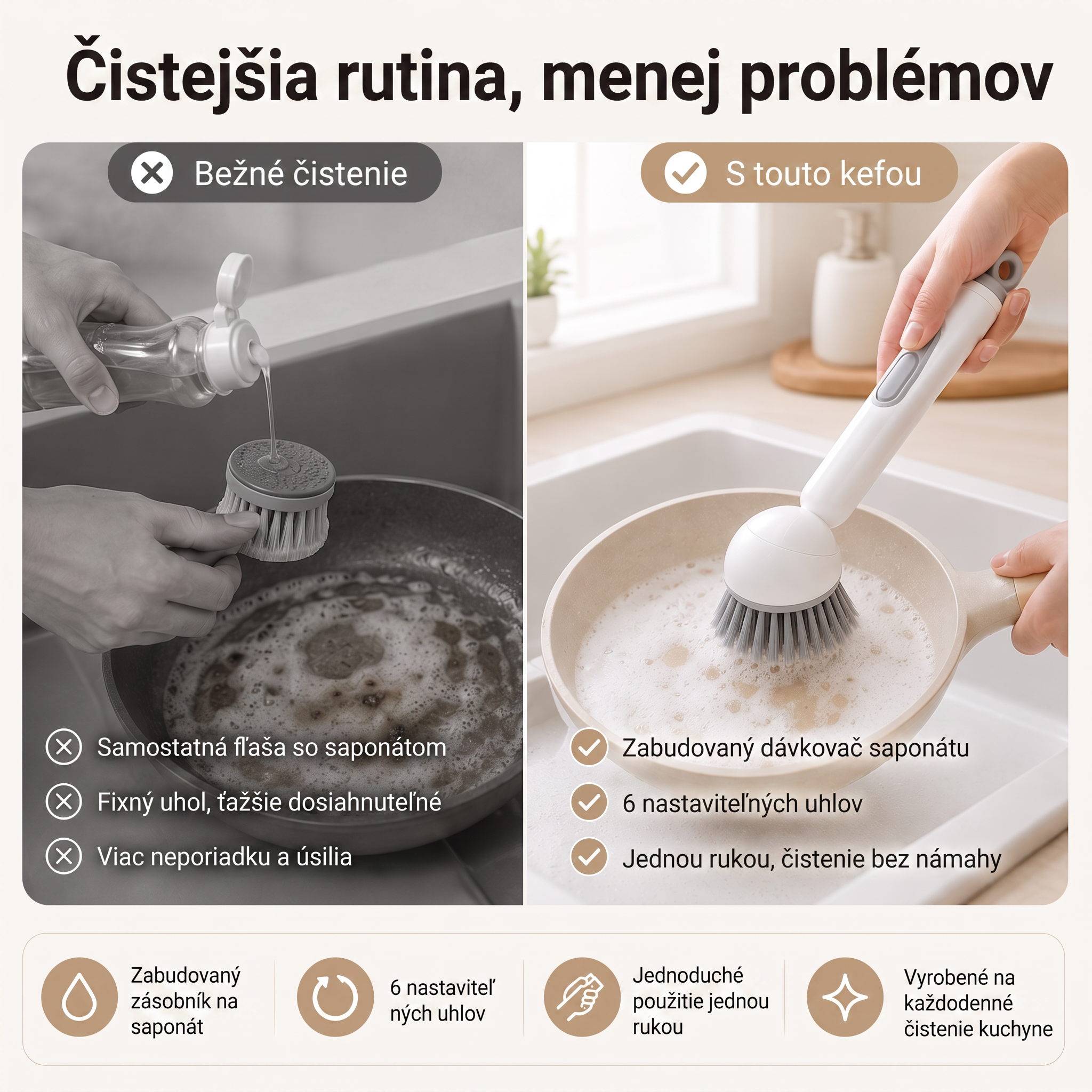 PKNEW® Inteligentná kuchynská kefka s dávkovačom saponátu 🧽 – otočná hlavica na jednoduché čistenie hrncov, panvíc a riadu jednou rukou 💧