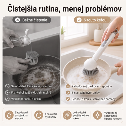 PKNEW® Inteligentná kuchynská kefka s dávkovačom saponátu 🧽 – otočná hlavica na jednoduché čistenie hrncov, panvíc a riadu jednou rukou 💧