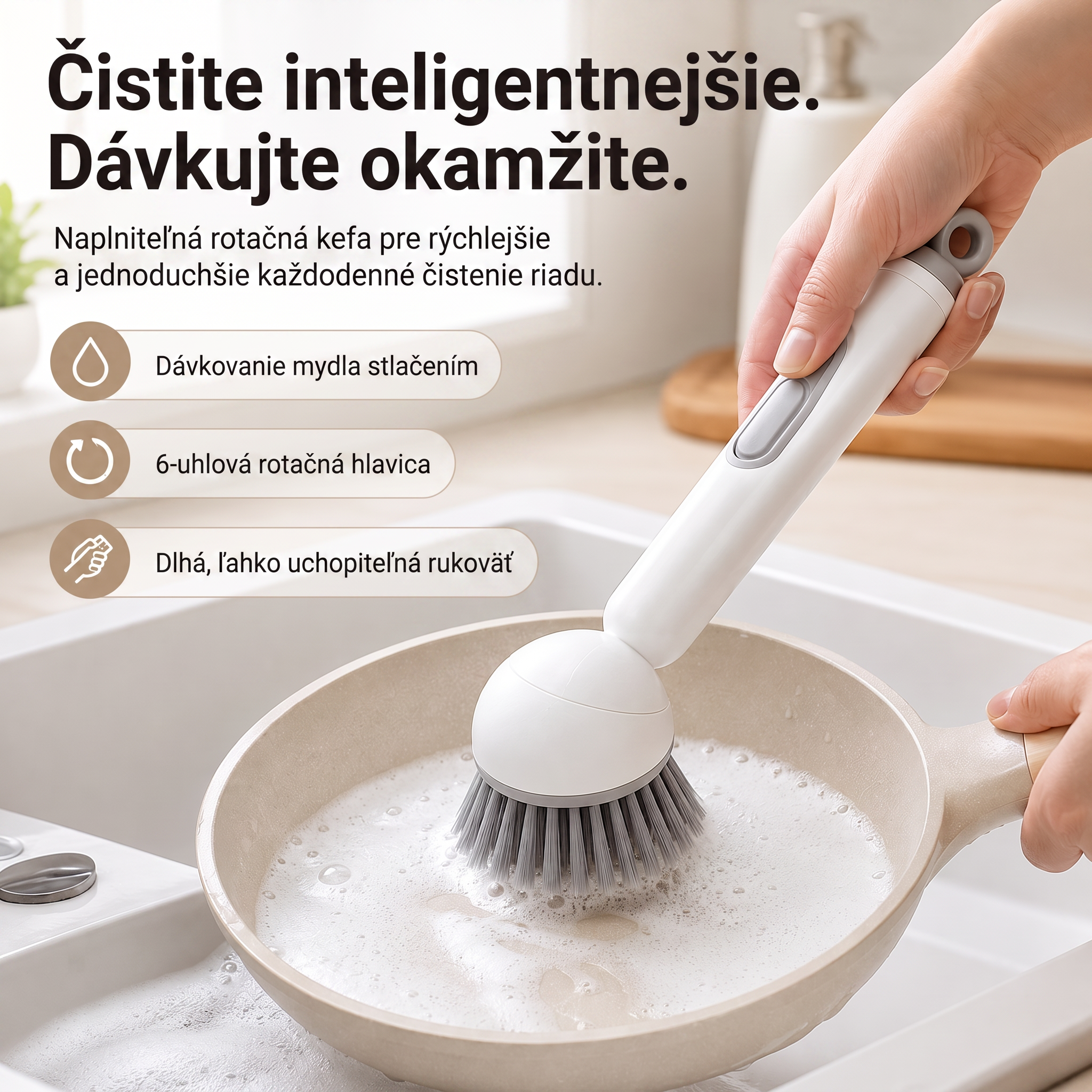 PKNEW® Inteligentná kuchynská kefka s dávkovačom saponátu 🧽 – otočná hlavica na jednoduché čistenie hrncov, panvíc a riadu jednou rukou 💧