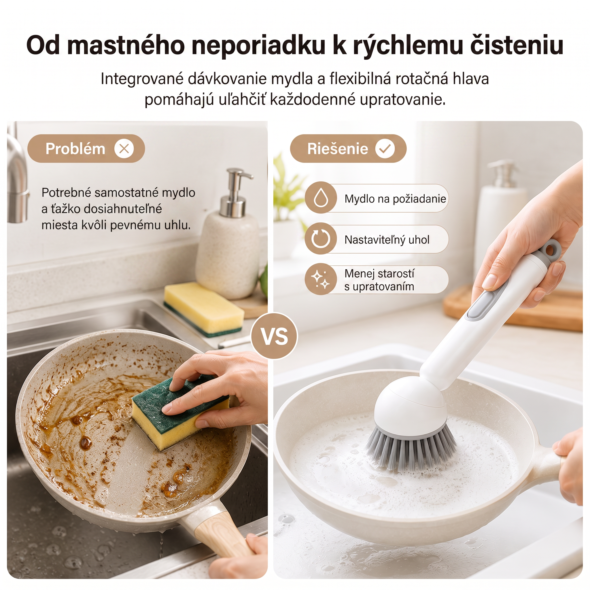 PKNEW® Inteligentná kuchynská kefka s dávkovačom saponátu 🧽 – otočná hlavica na jednoduché čistenie hrncov, panvíc a riadu jednou rukou 💧