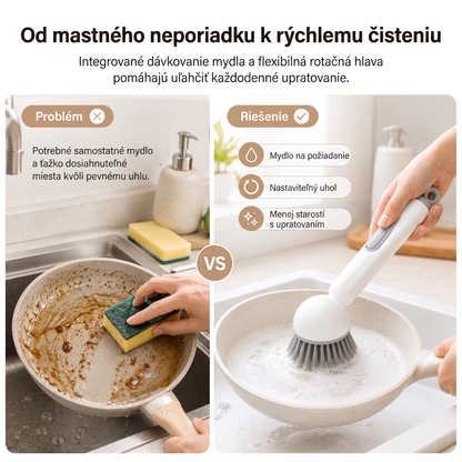 PKNEW® Inteligentná kuchynská kefka s dávkovačom saponátu 🧽 – otočná hlavica na jednoduché čistenie hrncov, panvíc a riadu jednou rukou 💧