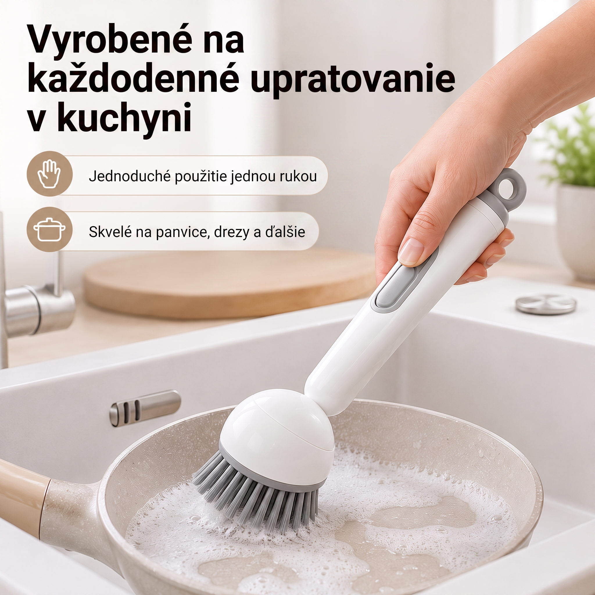 PKNEW® Inteligentná kuchynská kefka s dávkovačom saponátu 🧽 – otočná hlavica na jednoduché čistenie hrncov, panvíc a riadu jednou rukou 💧