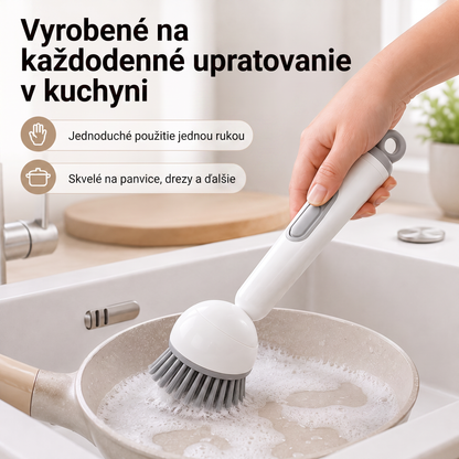 PKNEW® Inteligentná kuchynská kefka s dávkovačom saponátu 🧽 – otočná hlavica na jednoduché čistenie hrncov, panvíc a riadu jednou rukou 💧