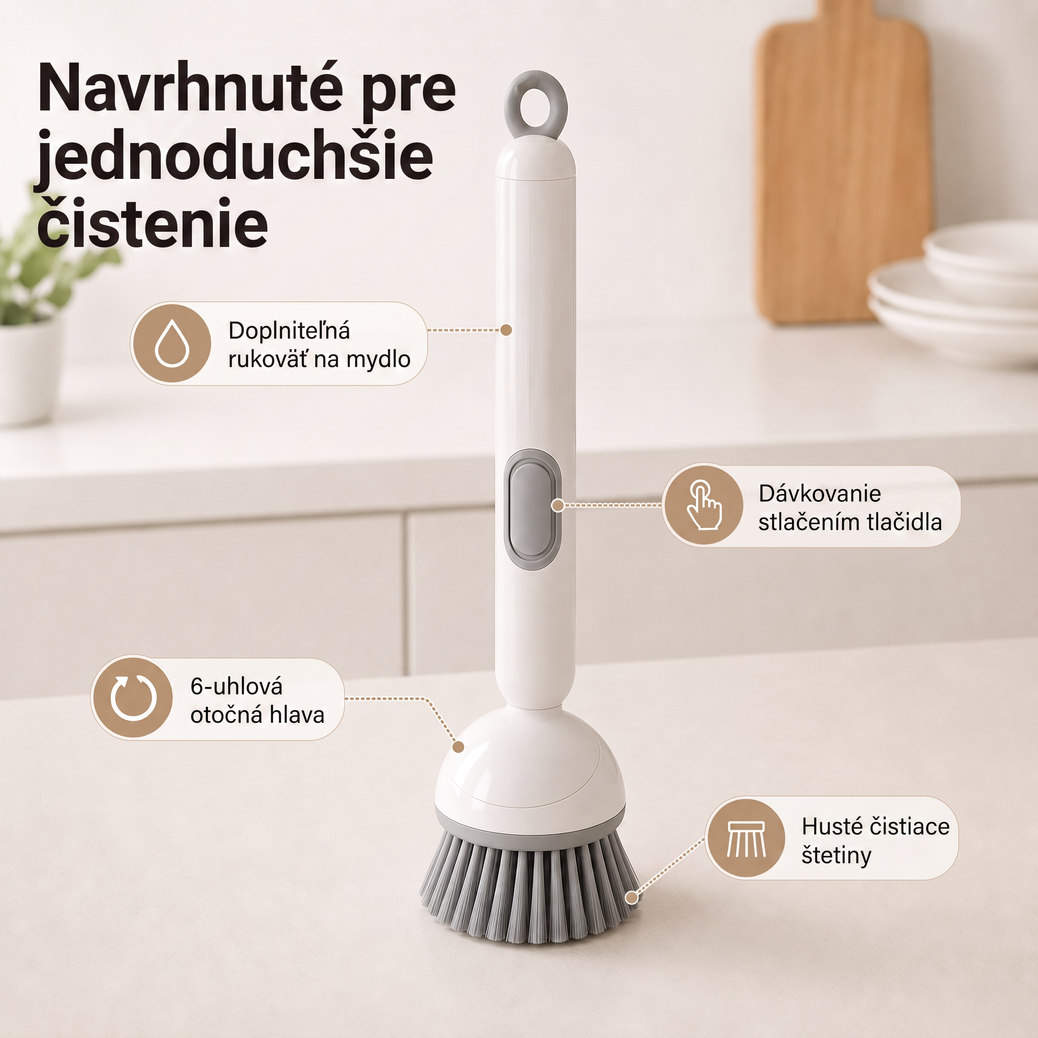 PKNEW® Inteligentná kuchynská kefka s dávkovačom saponátu 🧽 – otočná hlavica na jednoduché čistenie hrncov, panvíc a riadu jednou rukou 💧