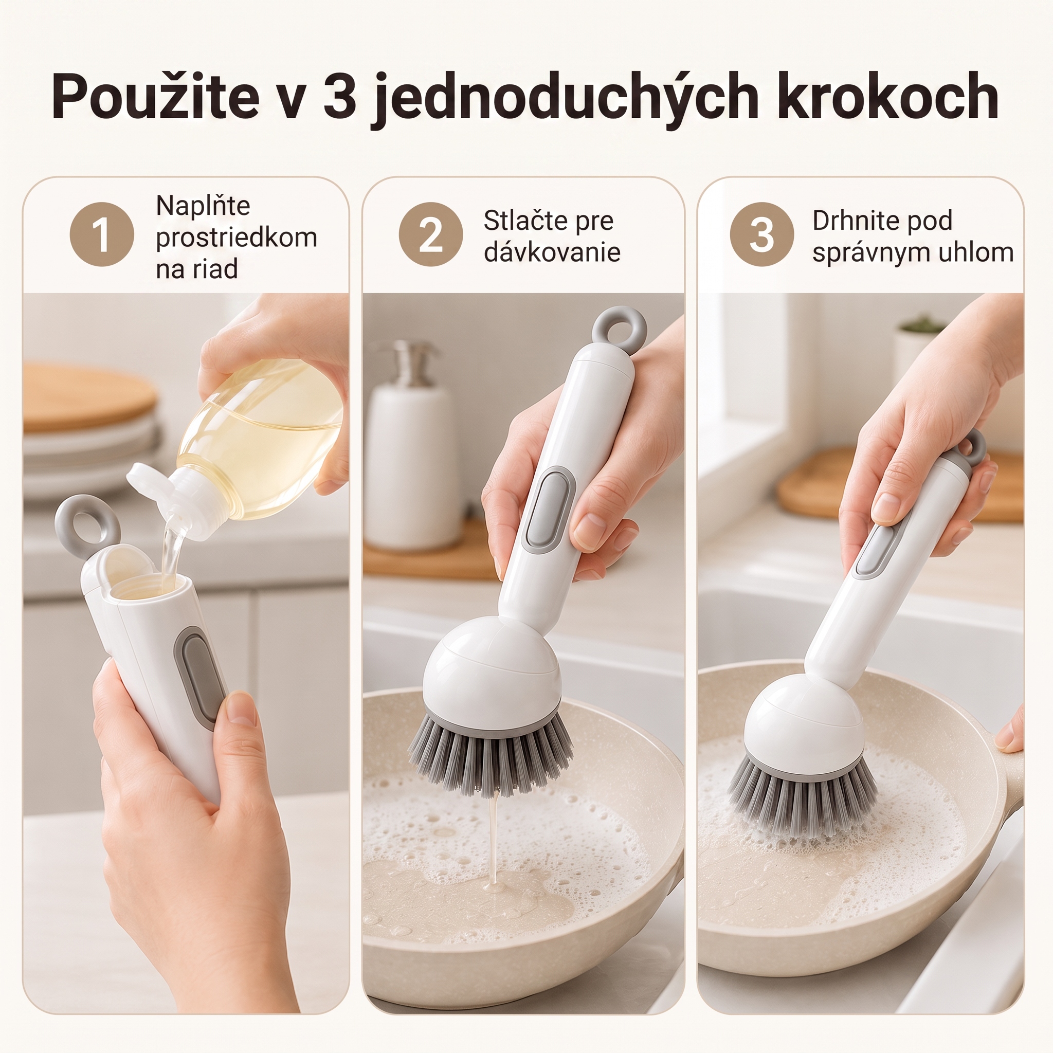 PKNEW® Inteligentná kuchynská kefka s dávkovačom saponátu 🧽 – otočná hlavica na jednoduché čistenie hrncov, panvíc a riadu jednou rukou 💧