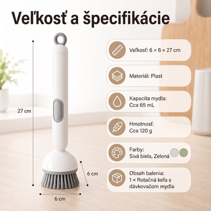 PKNEW® Inteligentná kuchynská kefka s dávkovačom saponátu 🧽 – otočná hlavica na jednoduché čistenie hrncov, panvíc a riadu jednou rukou 💧