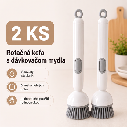PKNEW® Inteligentná kuchynská kefka s dávkovačom saponátu 🧽 – otočná hlavica na jednoduché čistenie hrncov, panvíc a riadu jednou rukou 💧