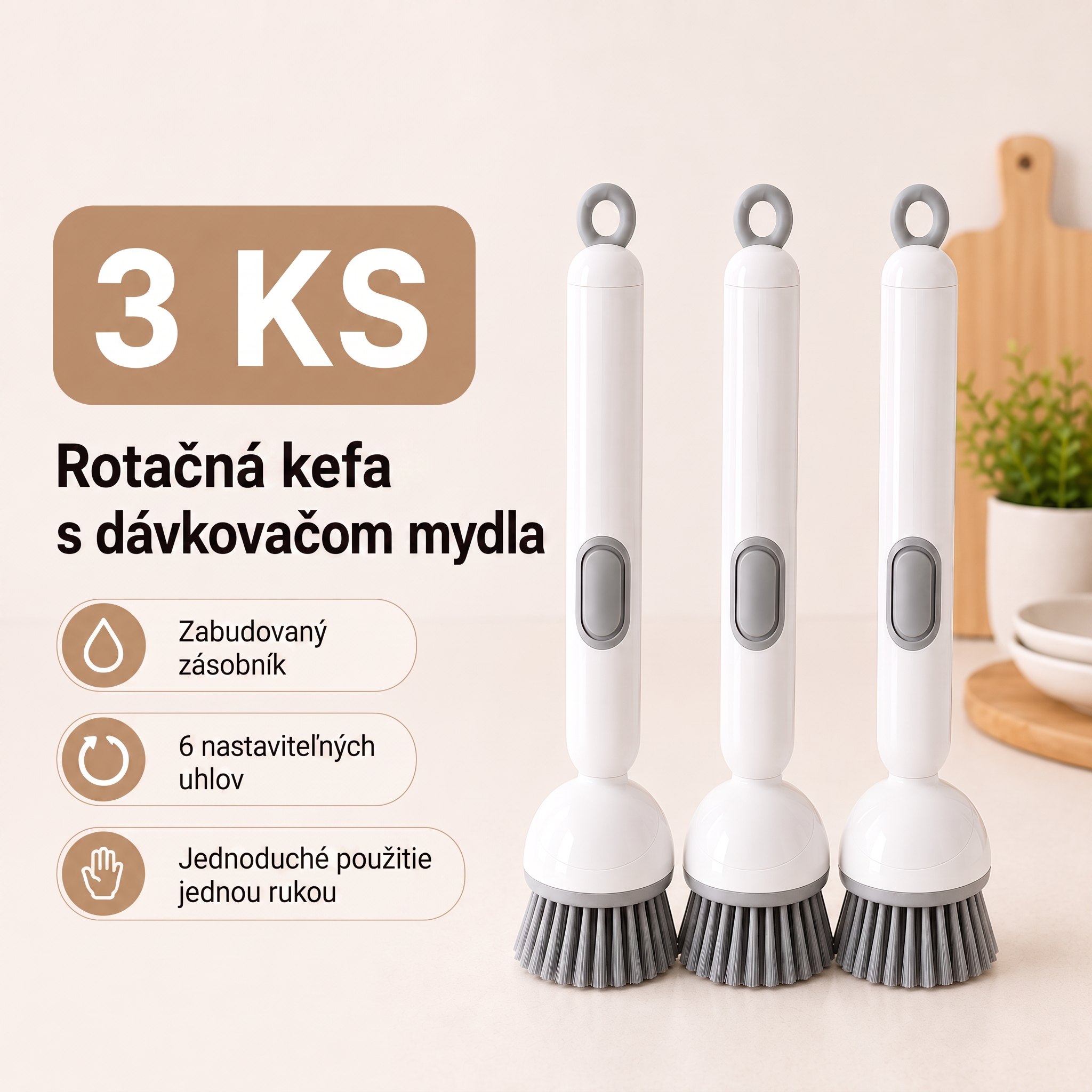 PKNEW® Inteligentná kuchynská kefka s dávkovačom saponátu 🧽 – otočná hlavica na jednoduché čistenie hrncov, panvíc a riadu jednou rukou 💧