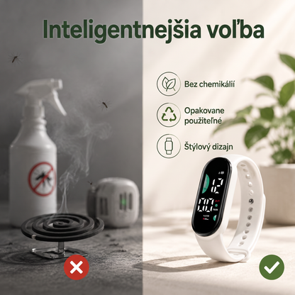 PKNEW® Inteligentný ultrazvukový náramok proti komárom – 3 inteligentné režimy, digitálny displej a výdrž až 7 dní na jedno nabitie ⚡ Pre záhradu, cestovanie, kempovanie aj pohodové letné večery 🌿