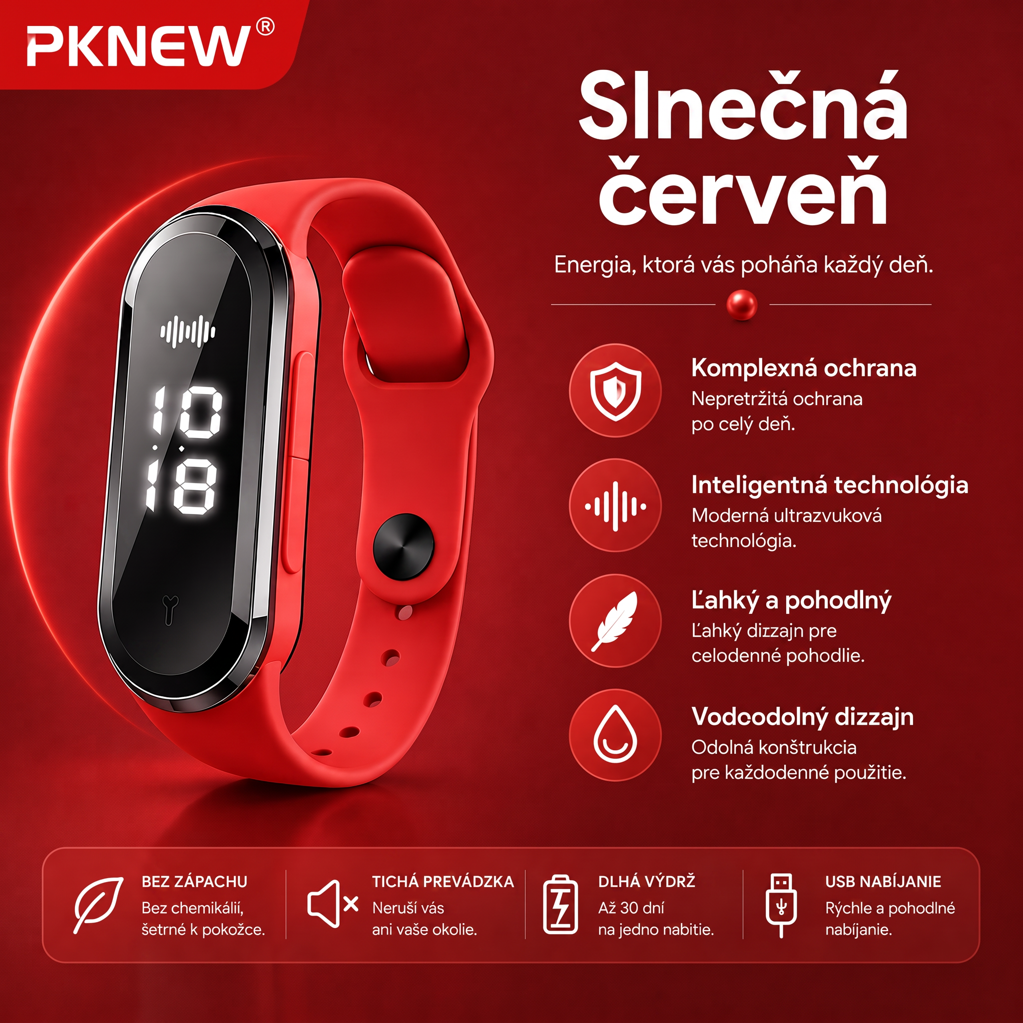 PKNEW® Inteligentný ultrazvukový náramok proti komárom – 3 inteligentné režimy, digitálny displej a výdrž až 7 dní na jedno nabitie ⚡ Pre záhradu, cestovanie, kempovanie aj pohodové letné večery 🌿