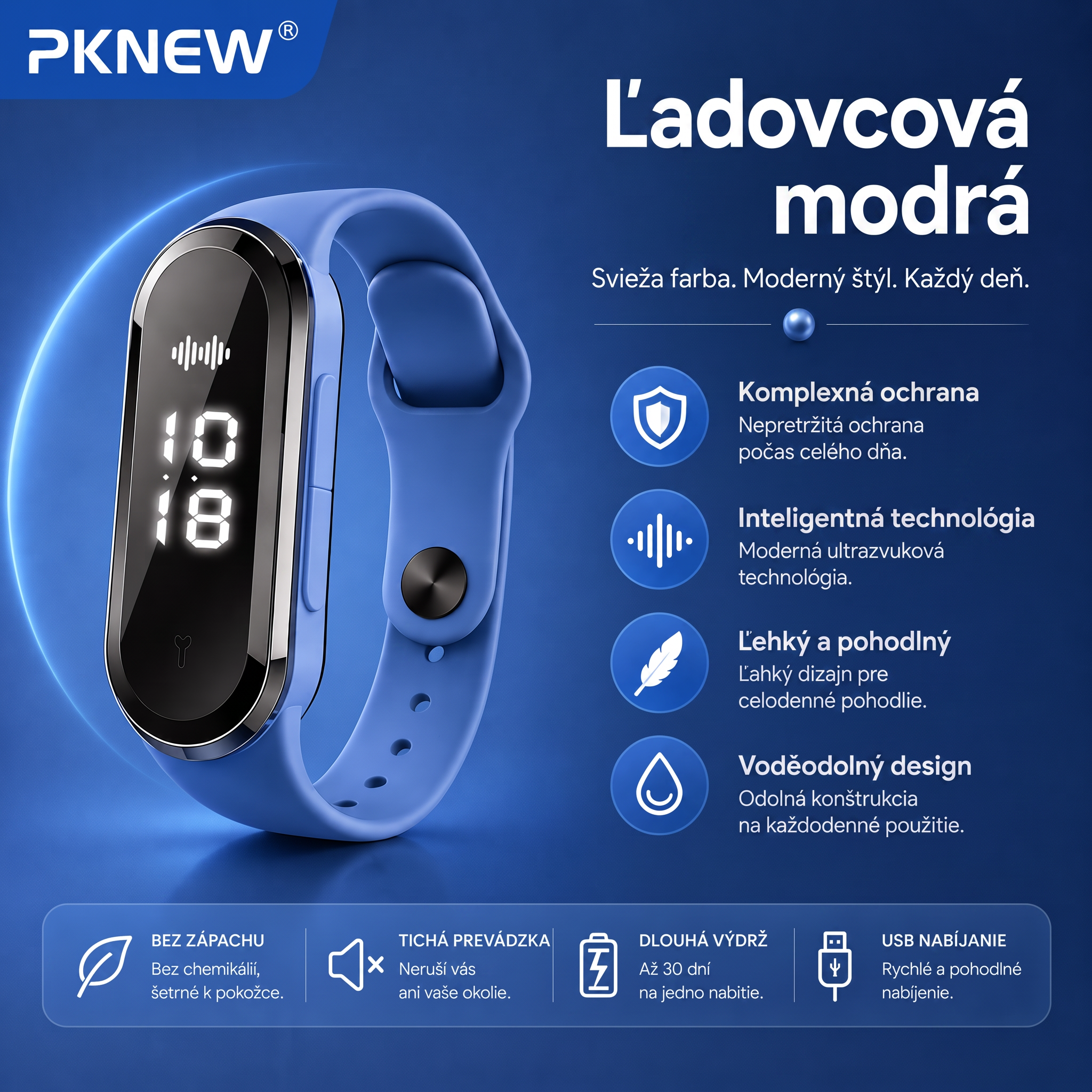 PKNEW® Inteligentný ultrazvukový náramok proti komárom – 3 inteligentné režimy, digitálny displej a výdrž až 7 dní na jedno nabitie ⚡ Pre záhradu, cestovanie, kempovanie aj pohodové letné večery 🌿