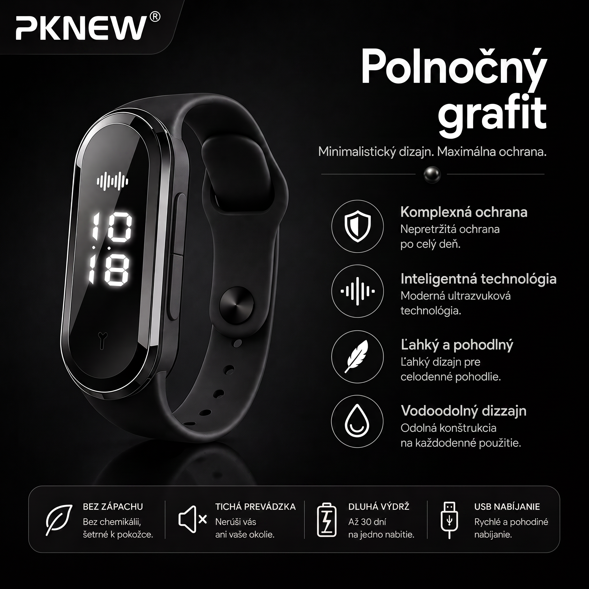 PKNEW® Inteligentný ultrazvukový náramok proti komárom – 3 inteligentné režimy, digitálny displej a výdrž až 7 dní na jedno nabitie ⚡ Pre záhradu, cestovanie, kempovanie aj pohodové letné večery 🌿