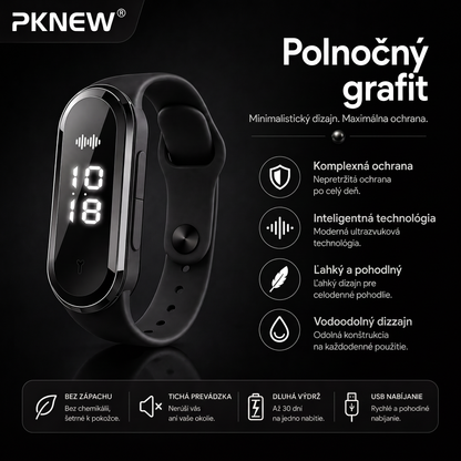 PKNEW® Inteligentný ultrazvukový náramok proti komárom – 3 inteligentné režimy, digitálny displej a výdrž až 7 dní na jedno nabitie ⚡ Pre záhradu, cestovanie, kempovanie aj pohodové letné večery 🌿
