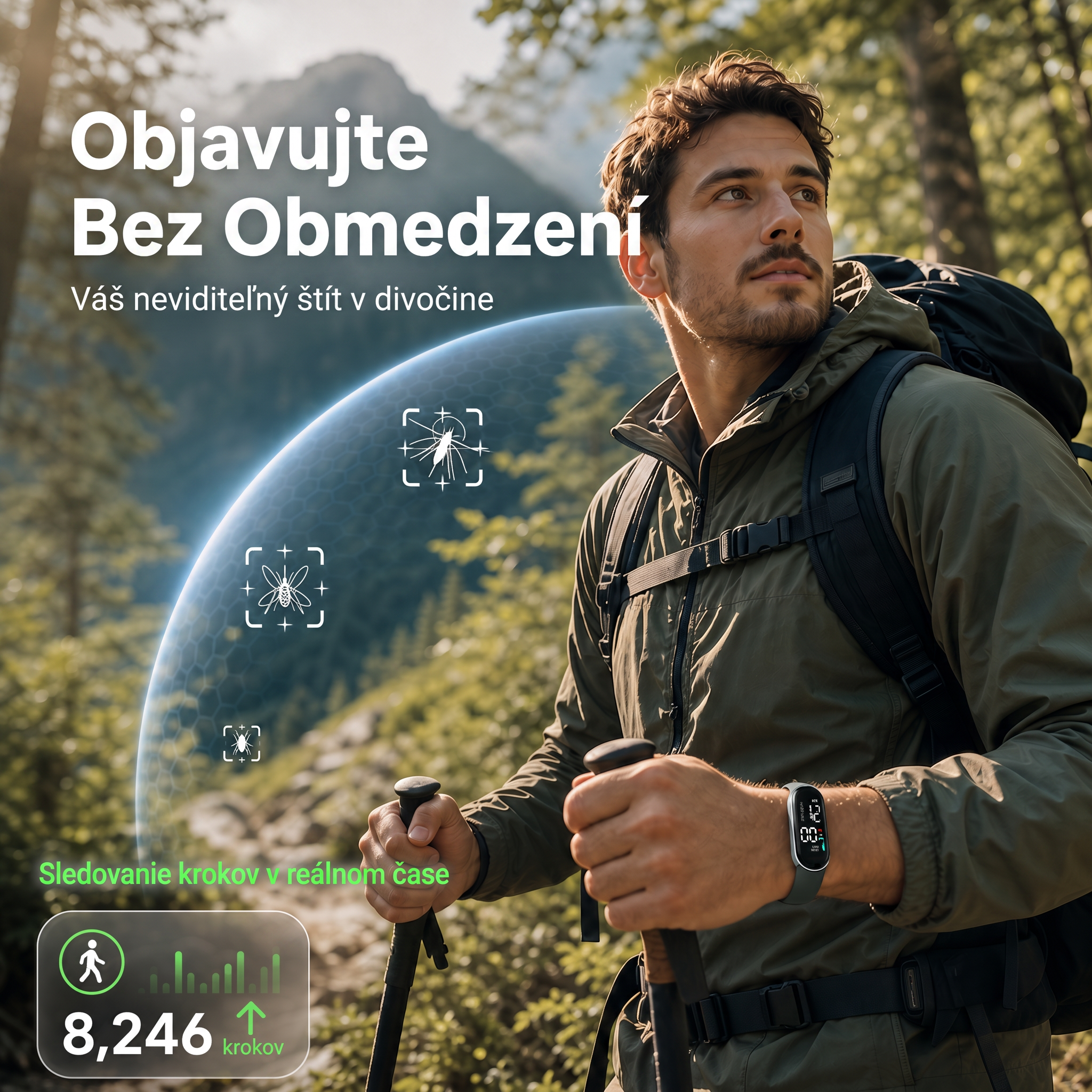 PKNEW® Inteligentný ultrazvukový náramok proti komárom – 3 inteligentné režimy, digitálny displej a výdrž až 7 dní na jedno nabitie ⚡ Pre záhradu, cestovanie, kempovanie aj pohodové letné večery 🌿