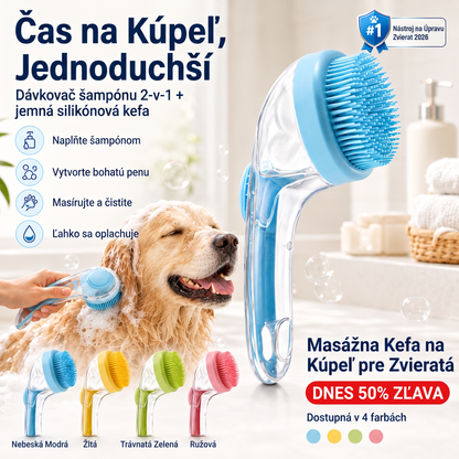 PKNEW® 🐕 Kúpacia kefa 2v1 s dávkovačom šampónu – Mäkká silikónová kefa na starostlivosť o srsť psov a mačiek 💎