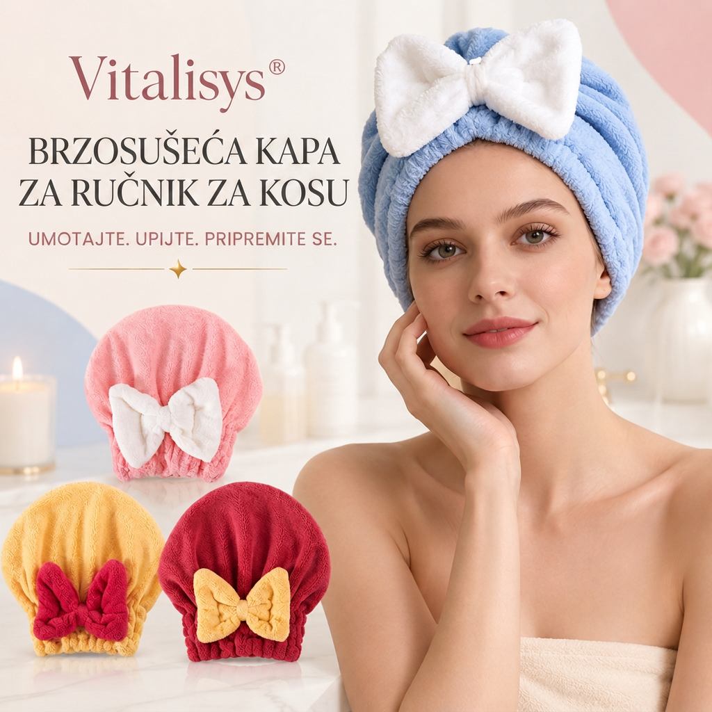 Vitalisys® Brzosušeća kapa od mikrovlakana za kosu s mašnom – Upijajući ručnik za mokru kosu za svakodnevnu rutinu i putovanja 🎀