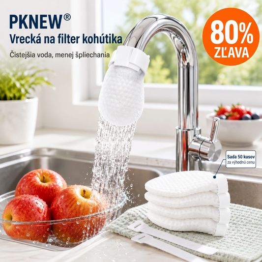 PKNEW® Filtračné vrecká na vodovodnú batériu – 50ks jednorazové bavlnené filtre na pitnú vodu pre čistšiu vodu, obmedzenie striekajúcej vody a ochranu pred usadeninami 🚰