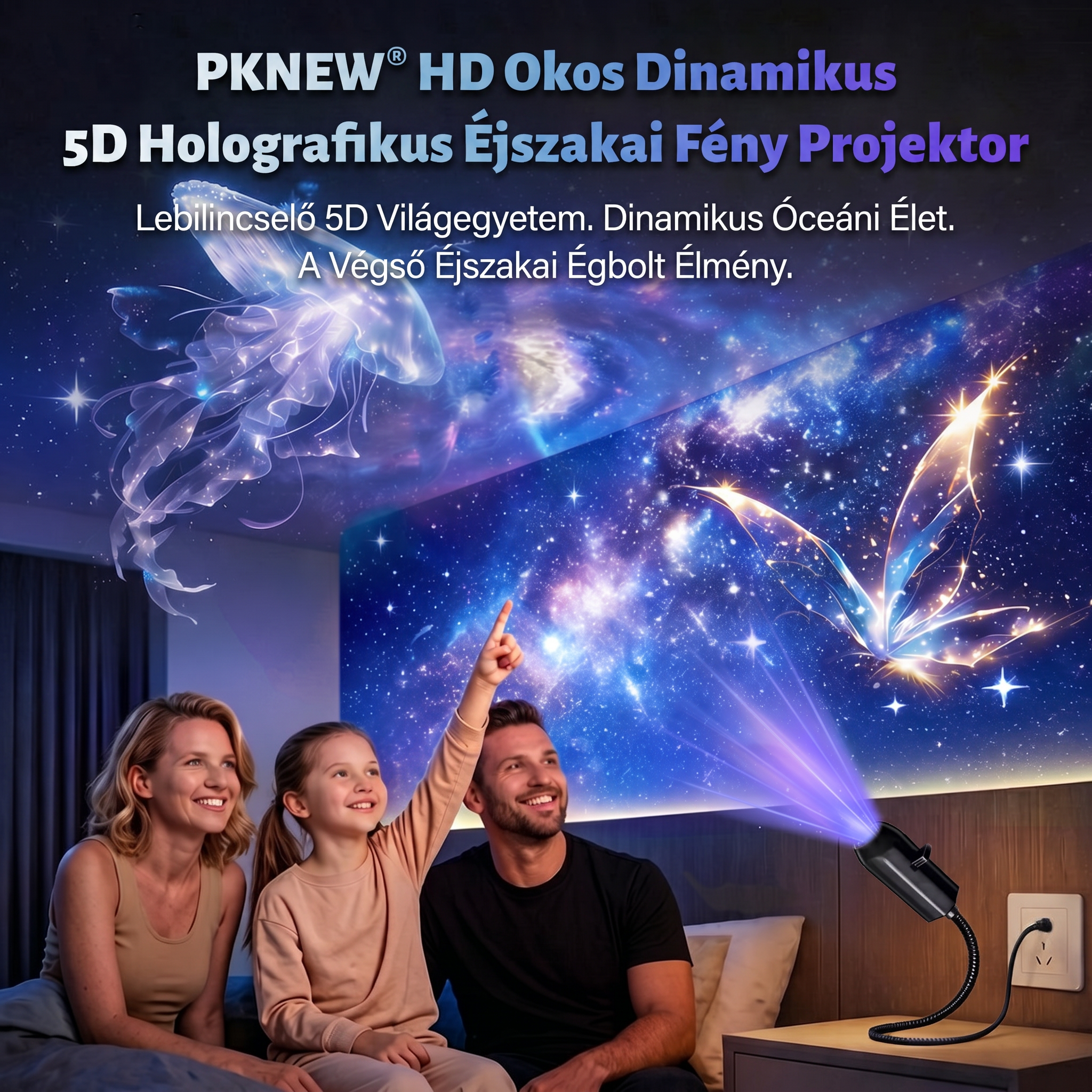 PKNEW® 🦄 ÚJGENERÁCIÓS SMART HD PROJEKTOR – Dinamikus 5D Holografikus Éjszakai Fényvetítő 💎
