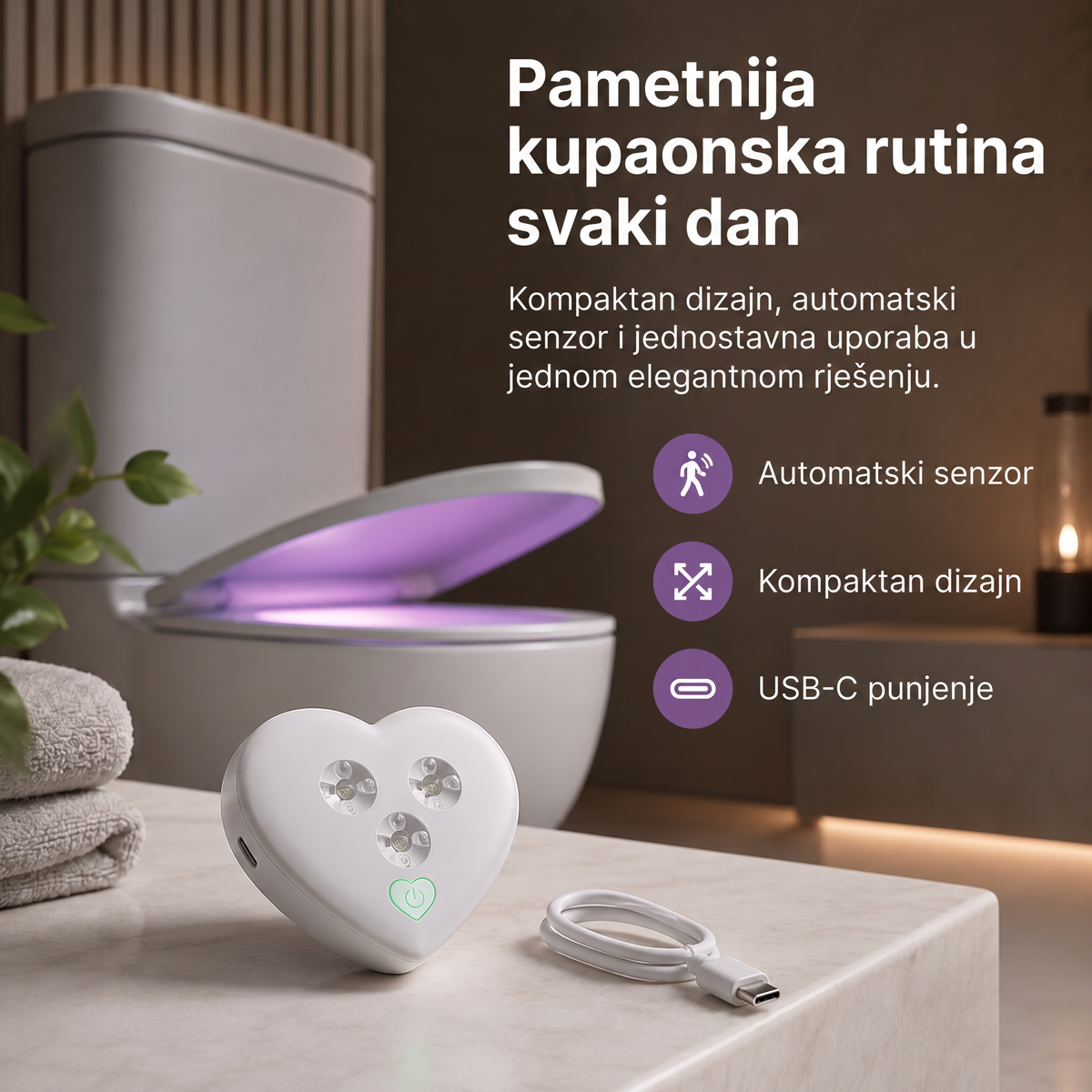 LEFUN® Pametno UVC svjetlo za WC 🚽 – automatski senzor, beskontaktni rad i USB-C punjenje 💎