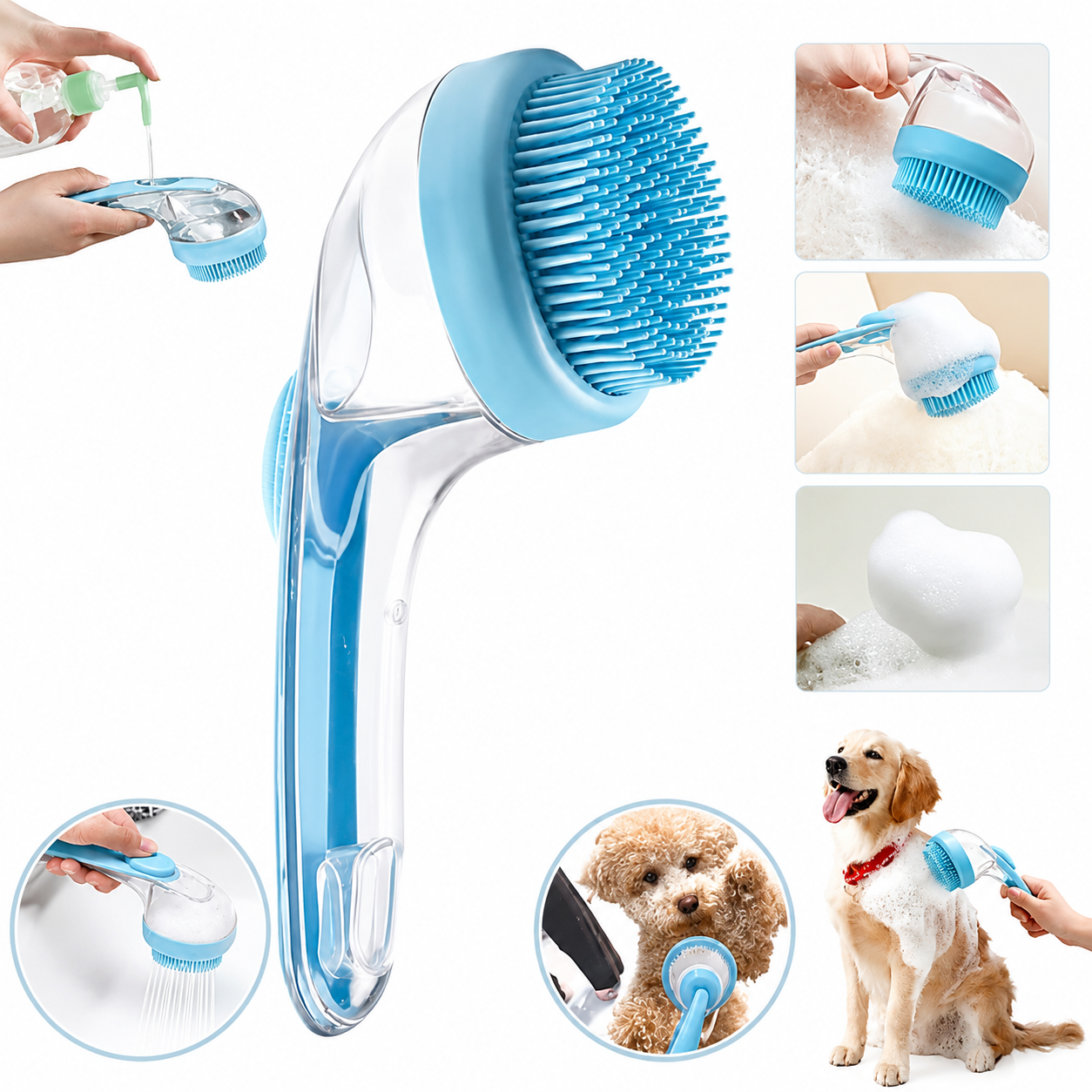 PKNEW® 🐕 Kúpacia kefa 2v1 s dávkovačom šampónu – Mäkká silikónová kefa na starostlivosť o srsť psov a mačiek 💎