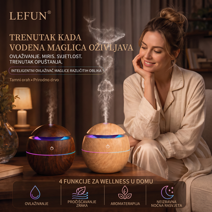 LEFUN® Pametni ovlaživač zraka i difuzor s oblikovanom maglicom 🌈 – Drveni dizajn s efektima meduze i RGB osvjetljenjem 💎
