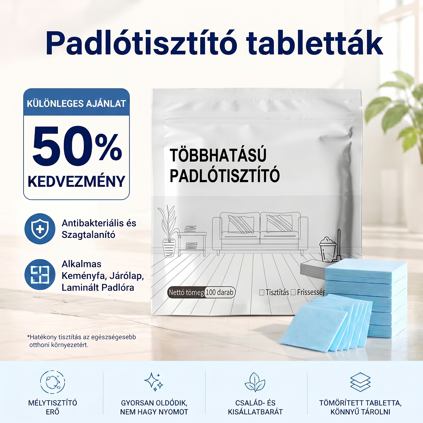 PKNEW® Padlótisztító Tabletták – Többfelületű tisztítószer keményfához, laminált padlóhoz, csempe- és lakóautó-falakhoz. Antibakteriális, szagtalanító és ápoló hatás 💎