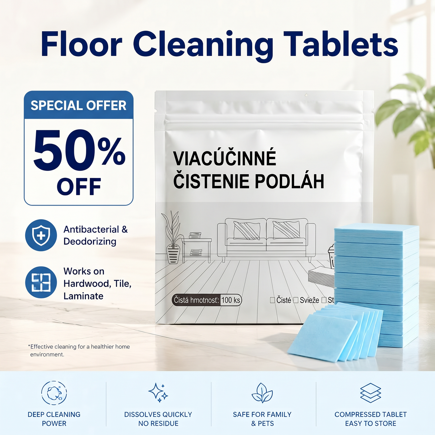 🔥🔥PKNEW® Tablety na čistenie podláh, viacúčelový čistič na drevené, laminátové a dlaždicové podlahy a steny karavanov, antibakteriálny, deodoračný, na údržbu