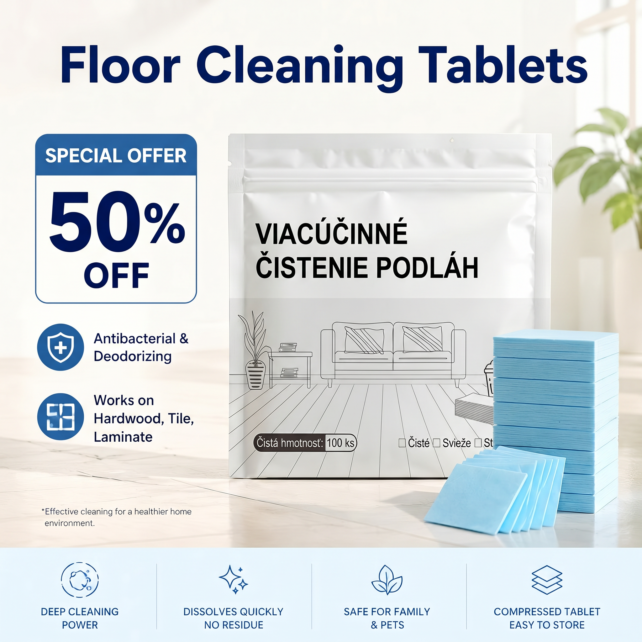 💎💎PKNEW® Tablety na čistenie podláh, viacúčelový čistič na drevené, laminátové a dlaždicové podlahy a steny karavanov, antibakteriálny, deodoračný, na údržbu