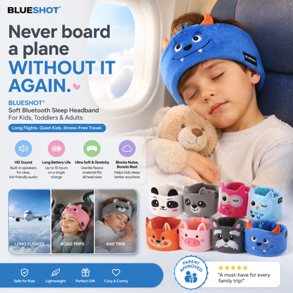 Blueshot® 🍈Kids Bluetooth Headband Headphones, 🦉 Soft Fleece Sleep & Travel Earphones, Volume-Limited Wireless Audio, Washable Animal Headband for Toddlers & Kids