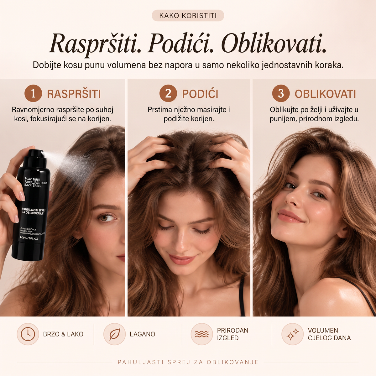 Vitalisys® Fluffy Hair – Oblikujući sprej za volumen kose – lagana formula za podizanje kose od korijena, prirodan pokret i nježan miris breskve 💎