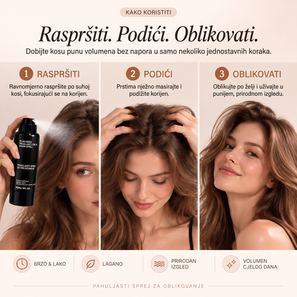 Vitalisys® Fluffy Hair – Oblikujući sprej za volumen kose – lagana formula za podizanje kose od korijena, prirodan pokret i nježan miris breskve 💎