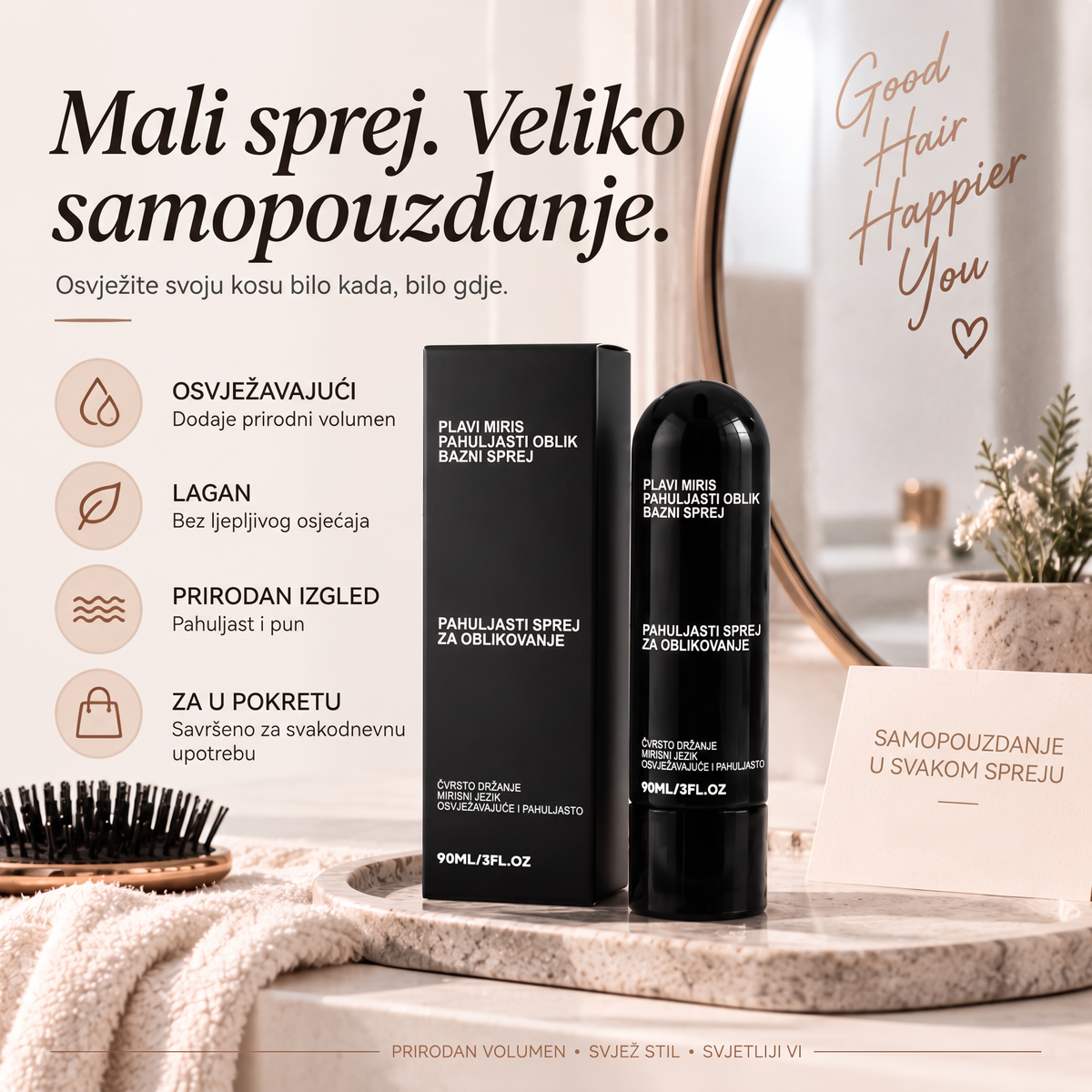 Vitalisys® Fluffy Hair – Oblikujući sprej za volumen kose – lagana formula za podizanje kose od korijena, prirodan pokret i nježan miris breskve 💎
