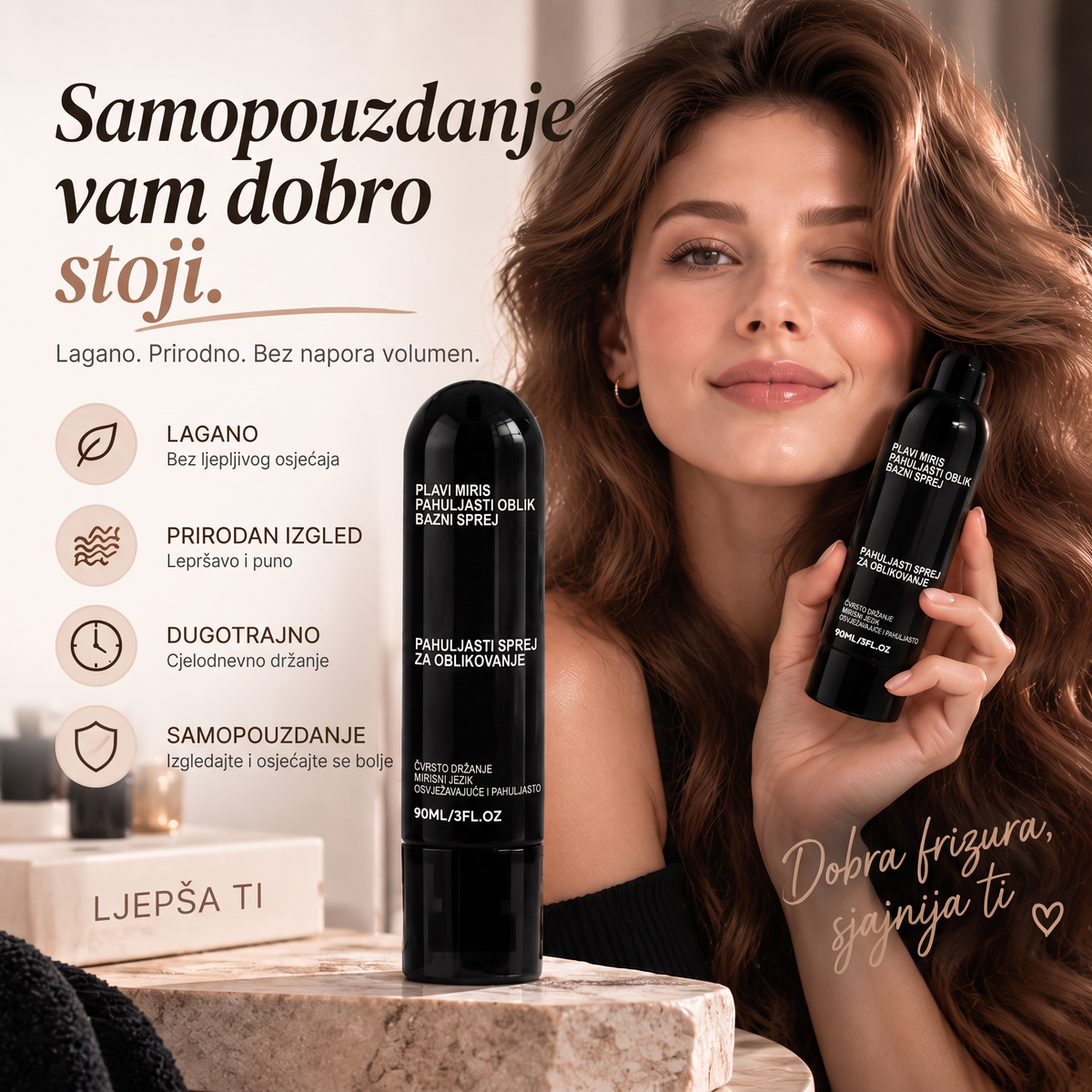 Vitalisys® Fluffy Hair – Oblikujući sprej za volumen kose – lagana formula za podizanje kose od korijena, prirodan pokret i nježan miris breskve 💎