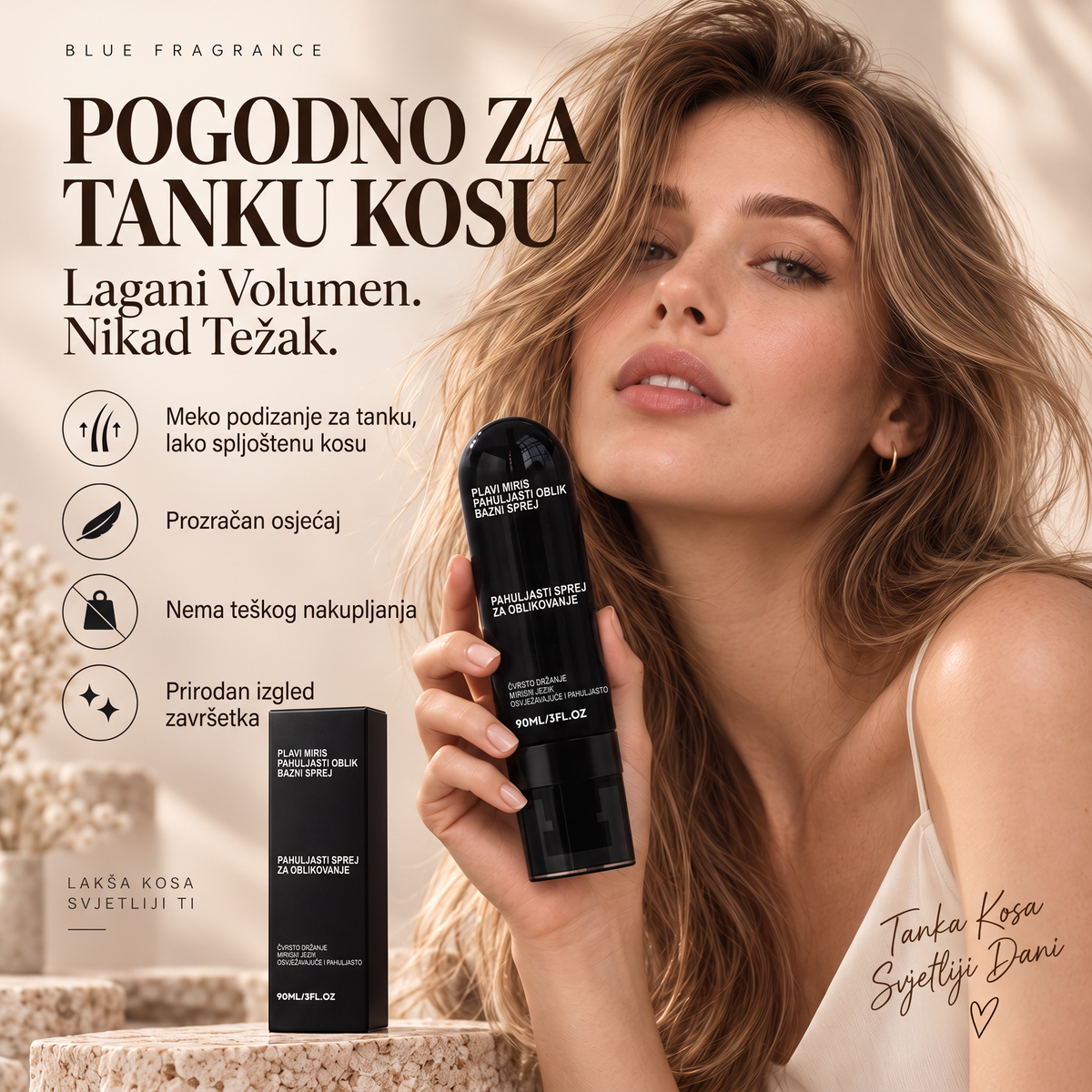 Vitalisys® Fluffy Hair – Oblikujući sprej za volumen kose – lagana formula za podizanje kose od korijena, prirodan pokret i nježan miris breskve 💎