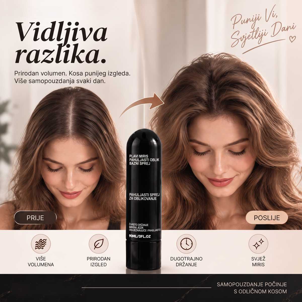 Vitalisys® Fluffy Hair – Oblikujući sprej za volumen kose – lagana formula za podizanje kose od korijena, prirodan pokret i nježan miris breskve 💎