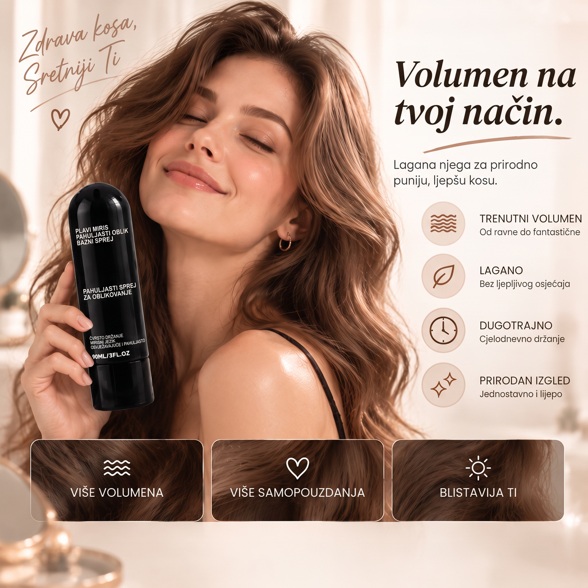 Vitalisys® Fluffy Hair – Oblikujući sprej za volumen kose – lagana formula za podizanje kose od korijena, prirodan pokret i nježan miris breskve 💎
