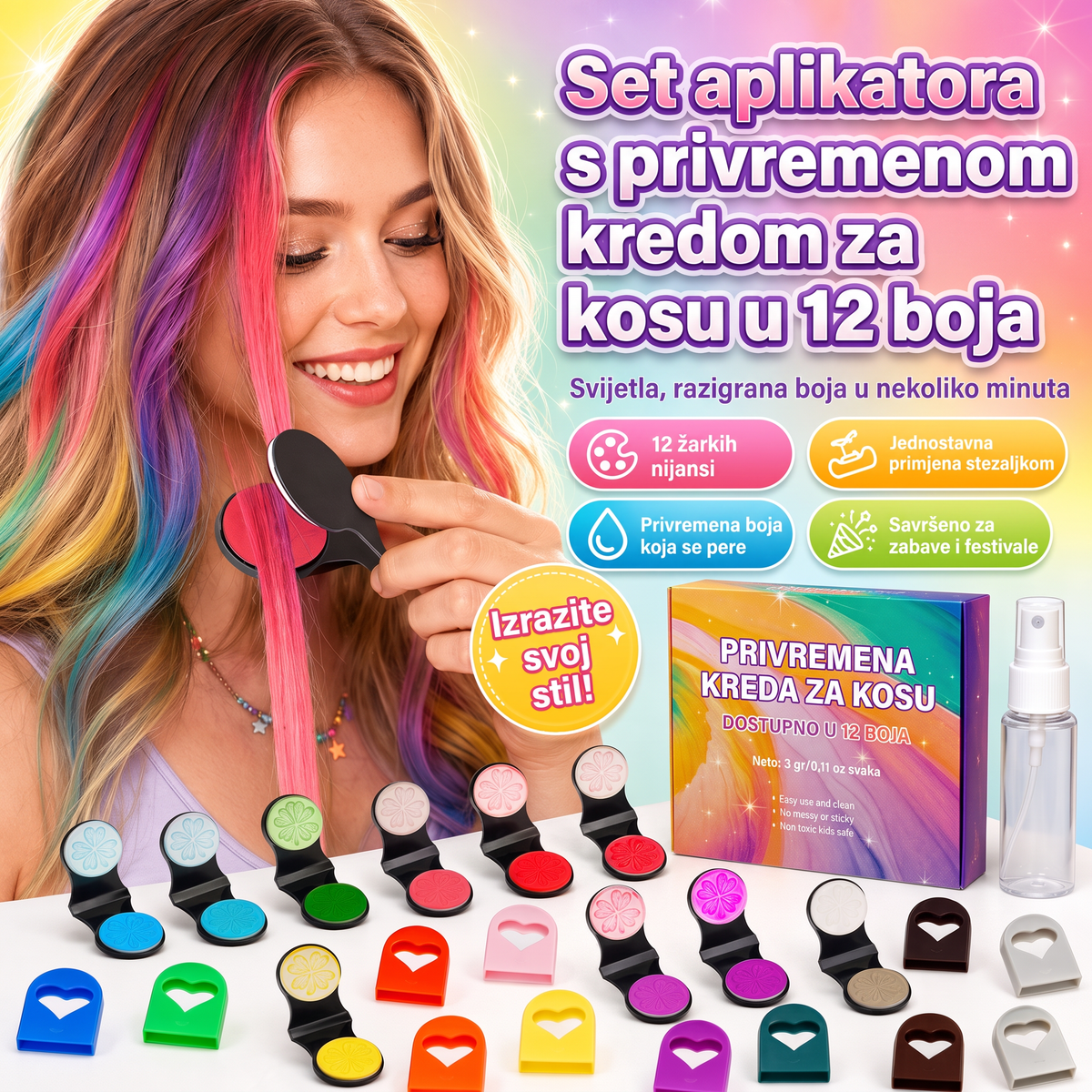🔥🔥 Posljednji dan -50% POPUSTA - 🌈 Set od 12 boja privremene krede za kosu s aplikatorom