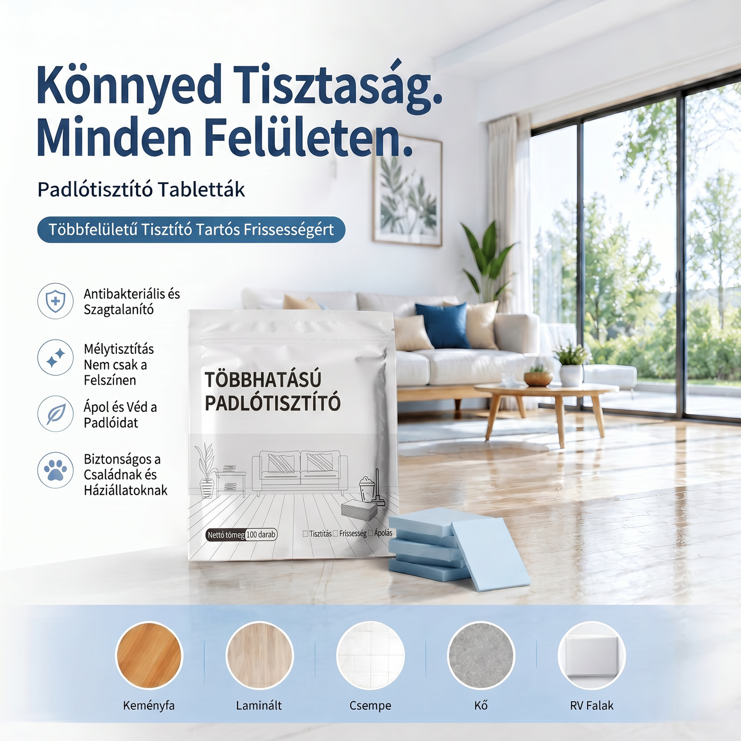 PKNEW® Padlótisztító Tabletták – Többfelületű tisztítószer keményfához, laminált padlóhoz, csempe- és lakóautó-falakhoz. Antibakteriális, szagtalanító és ápoló hatás 💎